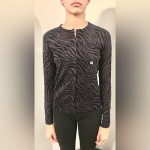 NWT ANN TAYLOR LOFT Purple Black Animal Print LS Button Cardigan Medium